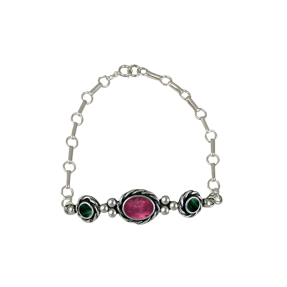 Sterling Silver Gemstone Adjustable Chain Bracelet With Pink Tourmaline And Malachite